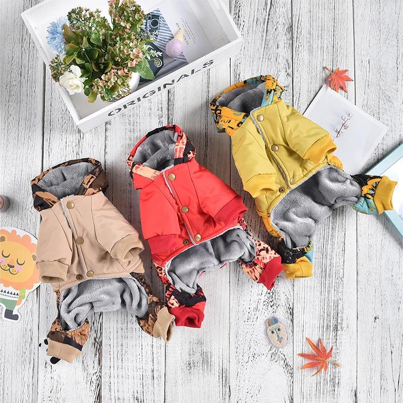 Домашние животные четвероногие парки с капюшоном для собак теплый принтованный четырехногий ветрозащитный уличный комбинезон одежда для маленьких собак одежда для щенков