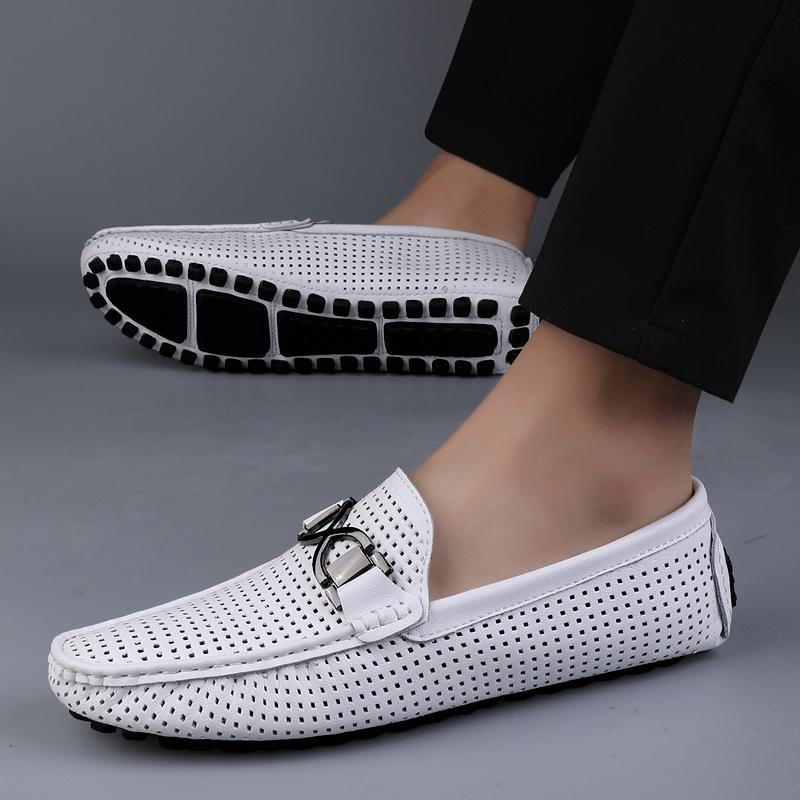 Fashion 2025 Spring Summer Men's Dress Shoes White Loafers Leather Casual Shoes Slip On Moccasin Shoes Fashion Hollow Out Design Shoes