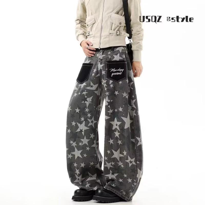 Distressed Star Print Cropped Flared Denim Jeans Women Fall Streetwear Loose Wide Leg Trousers