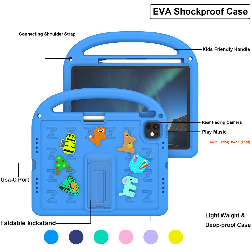 For iPad Air 11 (2025)/(2024)/iPad Pro 11 (2025)/11 (2024) Kickstand Case Cartoon Design Anti-Drop EVA+PC Tablet Cover with Strap for Kids