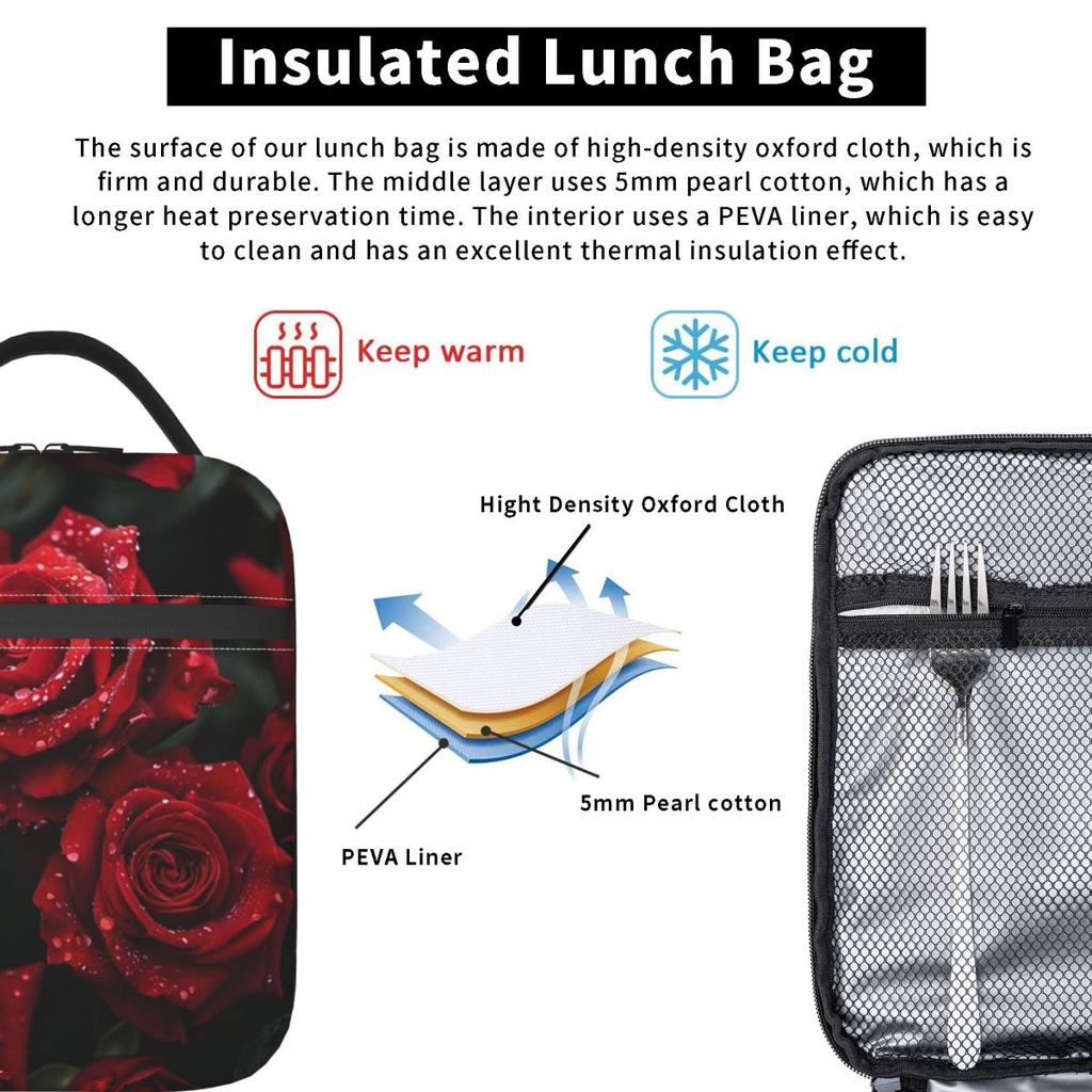 Red Rose Floral Design Insulated Lunch Bag for Women Kids Portable Food Boxes Thermal Lunch Box Tote