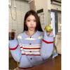 Polo collar button contrasting stripes lazy loose knitted cardigan women's autumn and winter sweater button top jacket