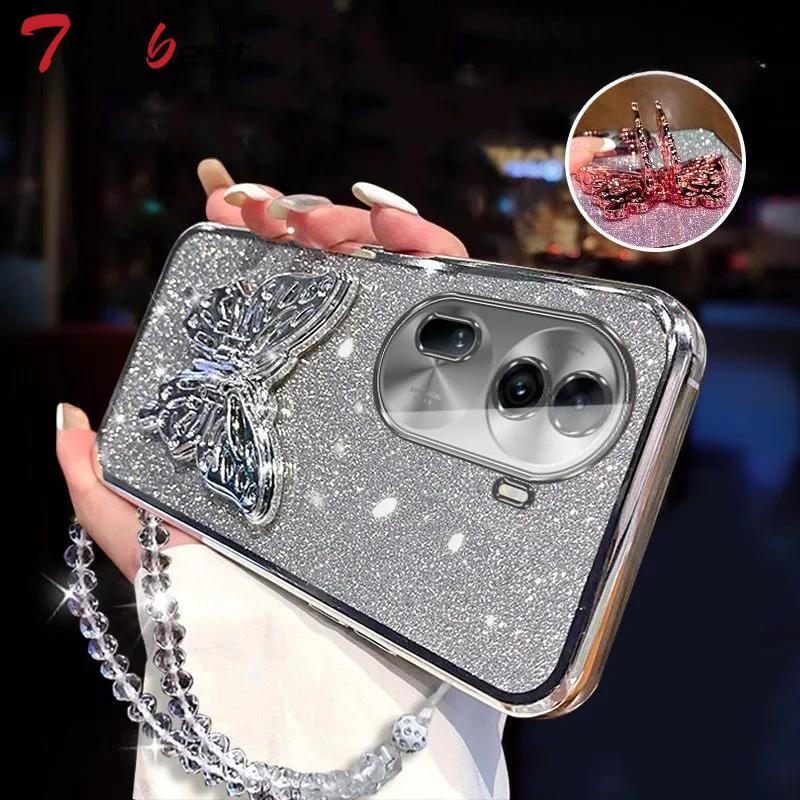 3D Butterfly Phone Holder Crystal Bracelet Glitter Plating Case for OPPO Reno 11 10 8 7 Pro 4G 5G Cover