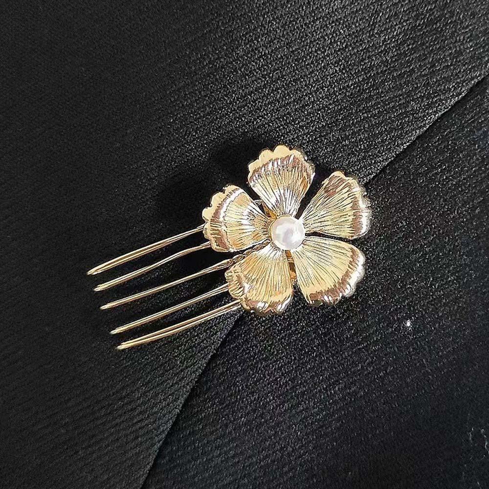5pcs Retro Golden Flower Hair Forks Elegant Wave Zinc Zinc Alloy Barrettes Hair Clips Pearl Side Clips Bride