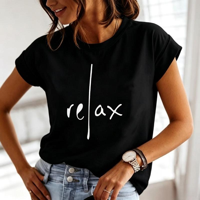 100 Cotton Basic Tee Handwritten Relax Vertical Line Graphic Loose Short Sleeve Minimalist Streetwear Top For Ladies
