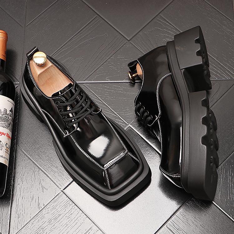 Мужские туфли из лакированной кожи с низким вырезом и квадратным носком, блестящей поверхностью, в мужском стиле, на толстой подошве, на шнуровке, свадебные туфли для жениха, черные, с широким носком, деловые, формальные, кожаные туфли