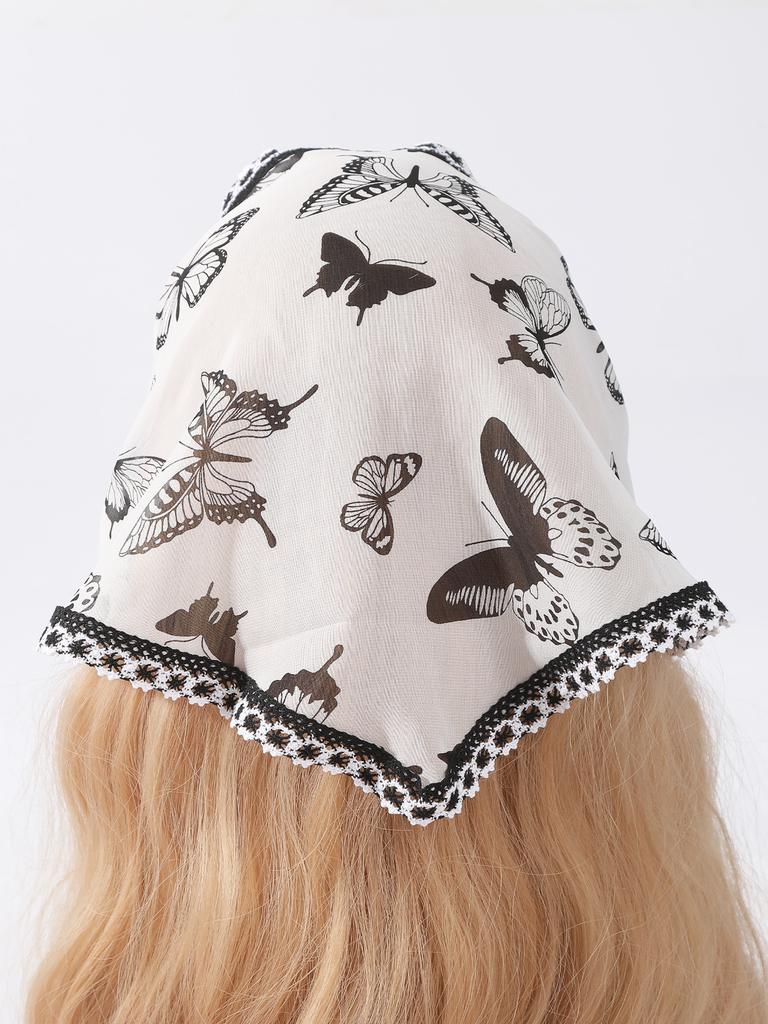 Fashion Butterfly Print Women's Turban Summer Lace Transparent Triangular Scarf Girl Silk Scarf Trendy Bandana Hair Accessories