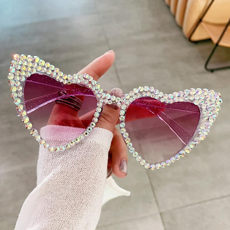 Retro Large Frame Diamond Set Sunglasses Peach Heart Love Sunglasses Women's Metal Hinge Personality Glasses