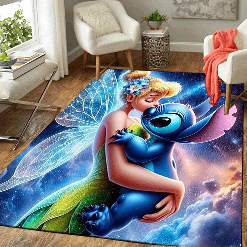 1pc Tinker Bell and Stitch Pattern Area Rug Soft Flannel Floor Mat for Living Room,Office,Bedroom and Carpet,Sofa Coffee Table Floor Mat