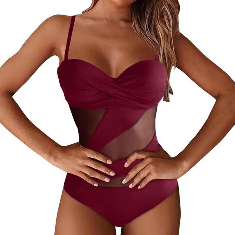 Solid Color One Piece Swimsuits Woman Sexy Mesh Bikini Swimwear Backless Brazilian Beach Outfit