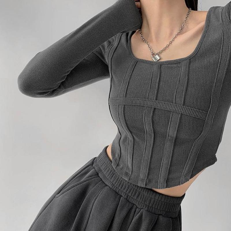2KWEIRD Y2k Футболка Девочки Кроп-топы Весна Женские С длинным рукавом Круглый вырез Хлопковые рубашки Бюстье Харадзюку Пуловер Уличная одежда Всепогодная футболка