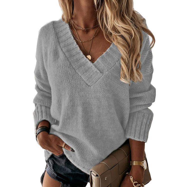 Autumn Knitted Sweater Women Oversize Winter V Neck Thick Solid Color Pullover Long Sleeve Warm Sweaters Women Streetwear