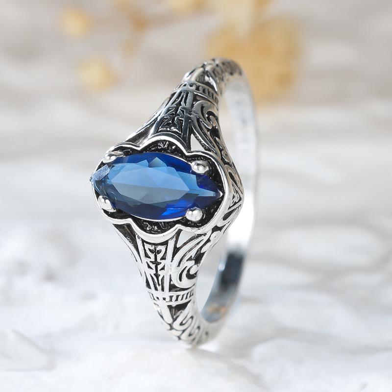 Marquise Cut Blue Sapphire Ring for Women Silver Jewelry Luxury Accessories Anniversary Gift