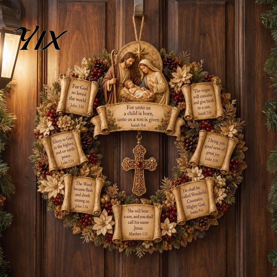 Christmas Cross Wreath Christian Bible Verse Wreath, Pine Cones Decor, Religious Pastoral Thanksgiving Gifts Scripture for Front Door Wall Decor