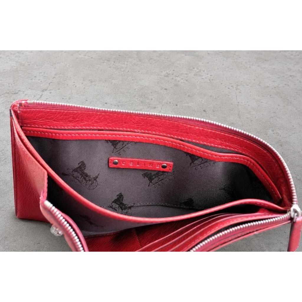 Used Rare CELINE Old Celine Carriage Hardware Leather Long Wallet Red