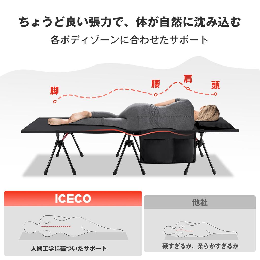 Широкая раскладушка ICECO, раскладушка для кемпинга, грузоподъемность, тихий, высокая плотность 1000D полиэстер, алюминиевый сплав A7075, легко компактный, сумка для хранения в домашних условиях