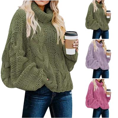 Женская мода с лацканами сплошной цвет тесто крутит вязание свободный свитер с высоким воротом