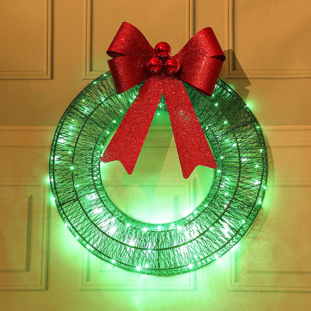 Christmas Metal Light Up Wreath With LED Warm Lights And Ribbon Bow Holiday Decoration