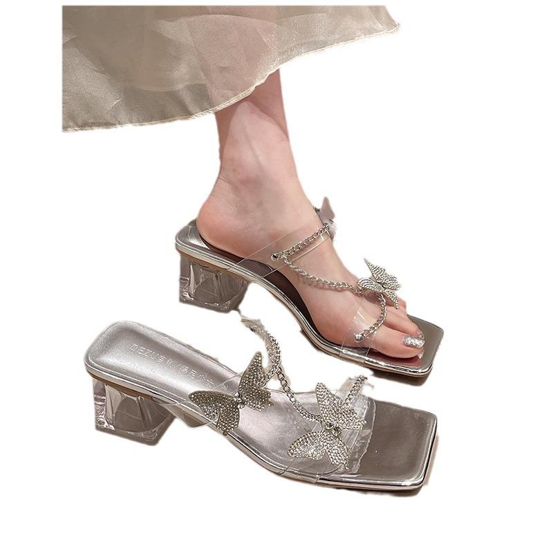 Female Shoes Square Toe Modern Women's Slippers Outdoor Dress Slippers Women Chain Crystal Butterfly Square Heel Sandals