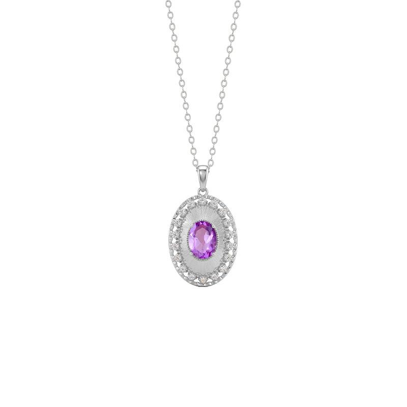 S925 Sterling Silver Natural Amethyst Citrine Necklace Female Brushed Craft Gemstone Pendant Court Style Clavicle Chain