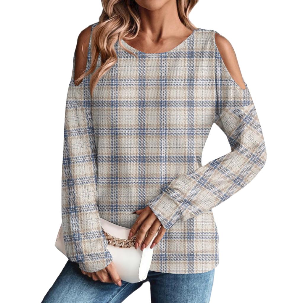 Women's Winter Oversized T-Shirt Fashionable Off-the-Shoulder Round Neck Vintage Floral Print Pullover Long-Sleeved Top