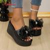 Fashion Aphixta Black Summer 9cm Wedge Heels Slippers Women Metal Bow Mulers Platform Sandals Clog Shoe Slides Plus Size 43