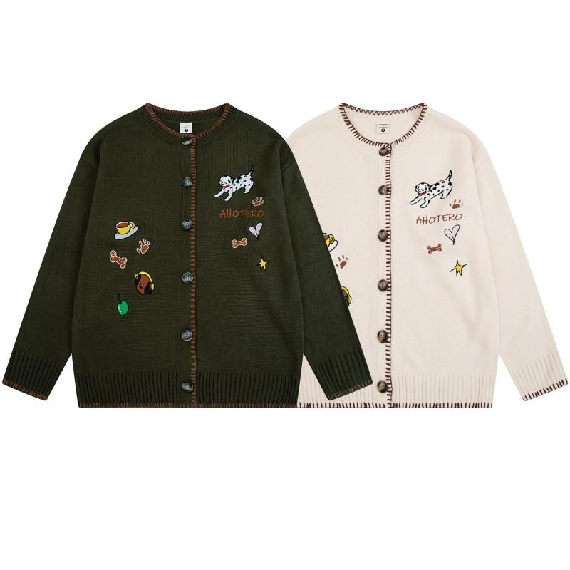 American Retro Cute Dalmatian Embroidered Knit Cardigan Unisex Casual Sweater