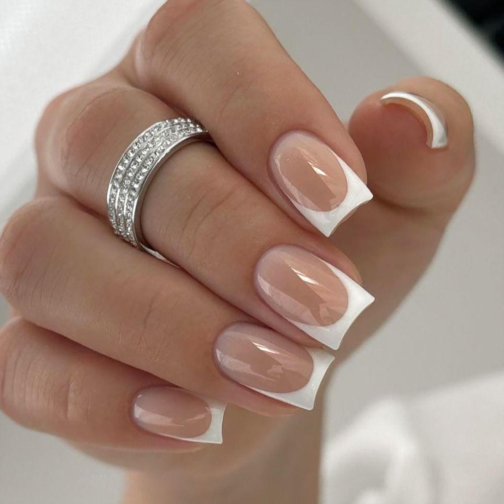 Long Square Fake Nials White Edge Nail Tips Fashion False Nails Women Girls