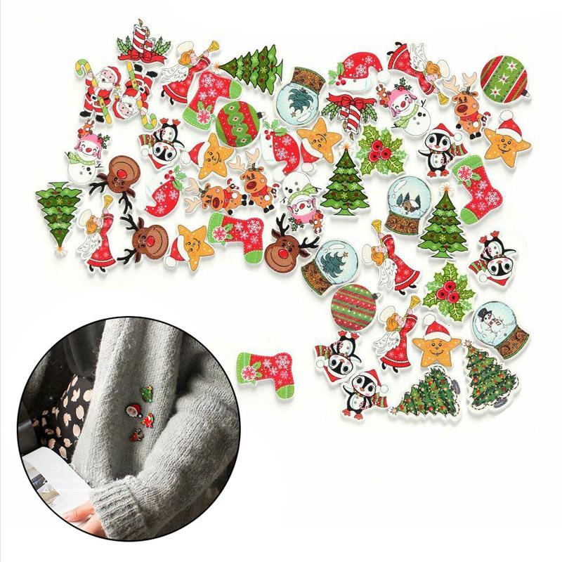 50Pcs Scrapbooking Sewing Wooden Santa Claus Deer Christmas Buttons 2 Holes