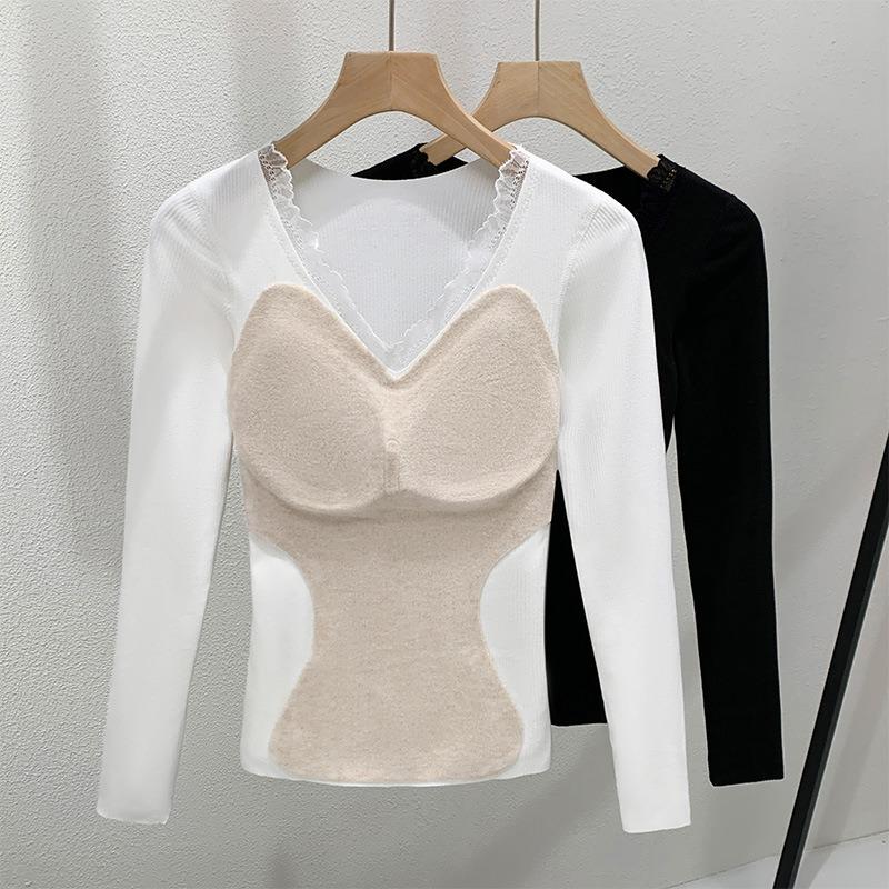 German Velvet Bottoming Shirt Women's New Lace Splicing Long-sleeved Inner Cover Autumn Clothes Velvet Thermal Underwear with Chest Pads
