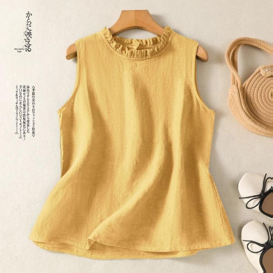 Богемный Ретро Однотонный Простой Стиль Топ без Рукавов Летние Новинки Лен Хлопок Женский Жилет с Круглым Вырезом