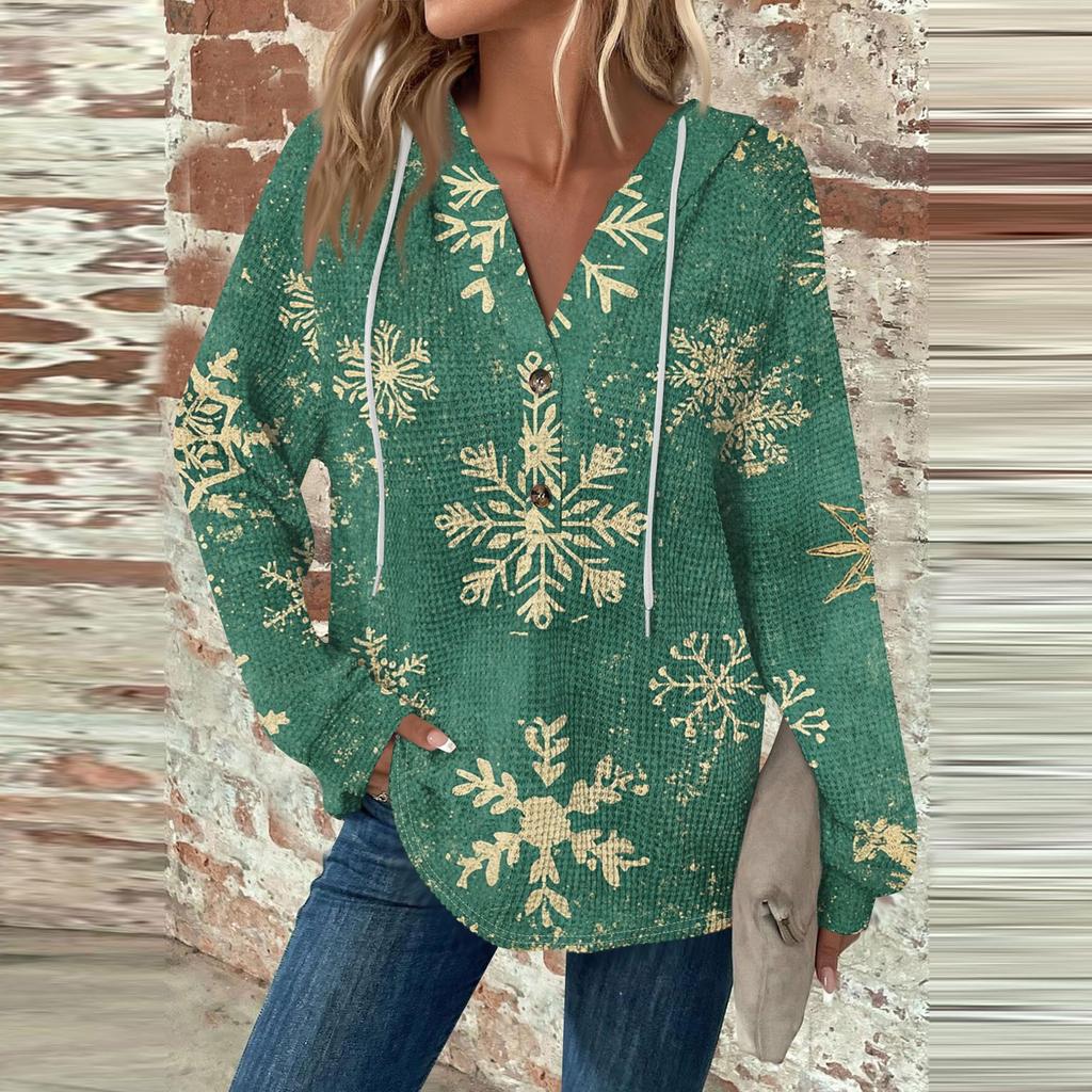 Women's Fashion Casual Long Sleeve  Drawstring Button V-Neck  Hooded Christmas Printed Sweatshirt Top