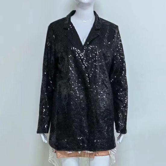 Женский повседневный кардиган с лацканами, длинным рукавом и открытой передней частью, пальто, однотонная куртка свободного покроя с блестящими пайетками, клубная одежда