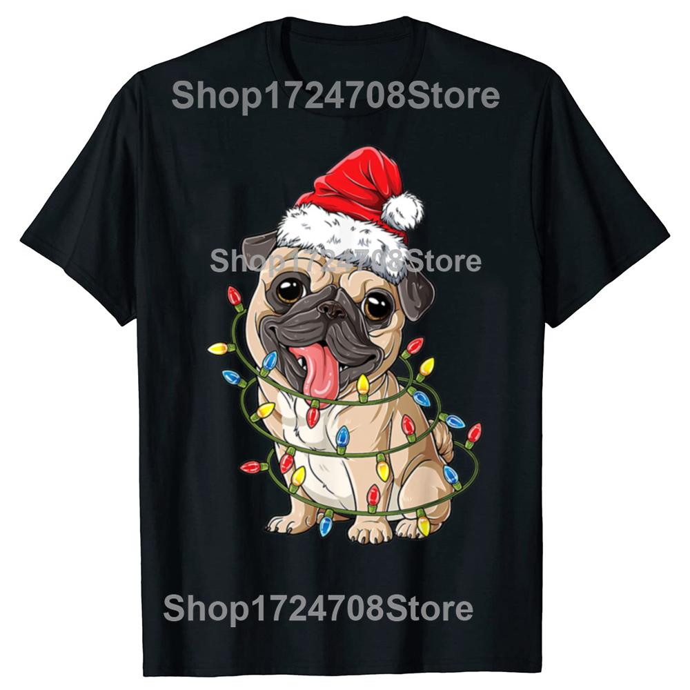 Christmas Pug With Christmas Lights Santa Hat Xmas Pug Dog T Shirt Mens Cotton Oversized Printing T Shirts Harajuku Tshirt