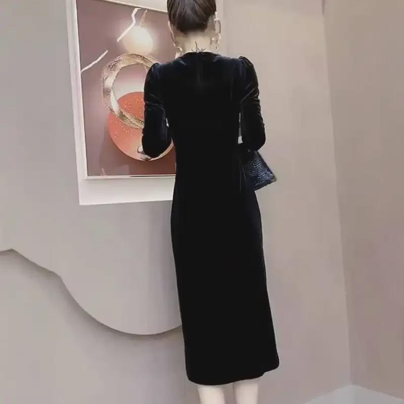 Женское платье с разрезом из черного золотого бархата: 2024 Осень/Зима Чонсам, юбка в стиле ретро