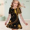 Little Girls Round Neck Short Sleeve Black Gold Printed A Line Flared Dress