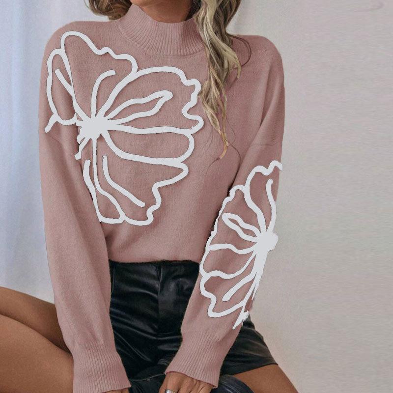 Women's Mock Neck Long Sleeve Knit Sweater Loose Fit Floral Embroidery Pullover