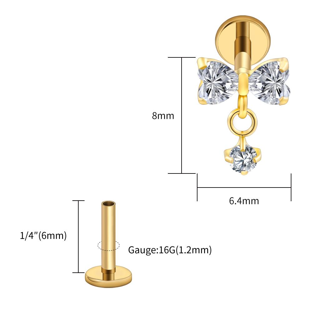 Right Grand ASTM F136 Titanium Bow Dangle CZ Piercing Labret Stud 16G Flat Back Helix Tragus Cartilage Earring Bridal Jewelry