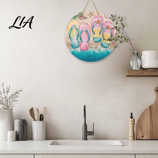 Flip Flop Welcome Sign Round Wooden Door Hanger, Watercolor Beach Sign, Hello Sunshine Indoor Outdoor Wall Hanger Please Plaque for Summer Porch Decor