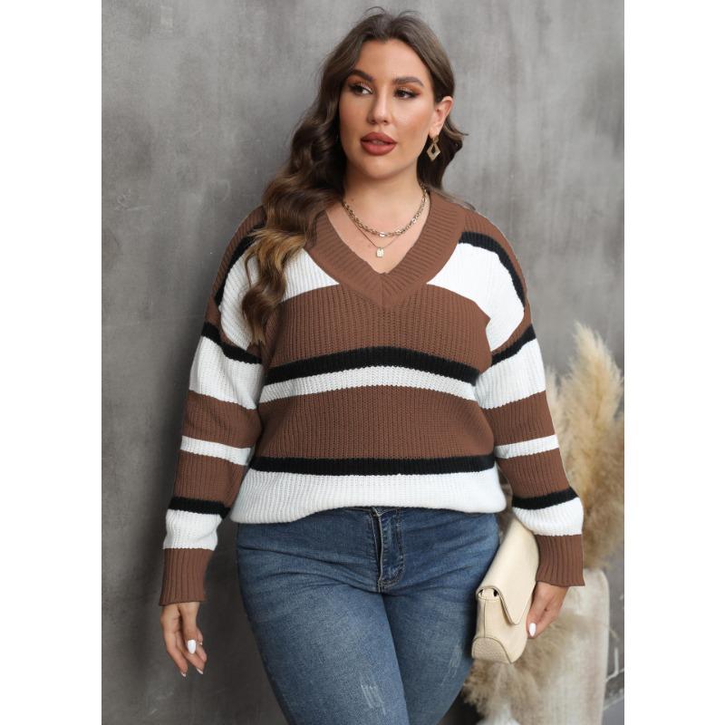 Women's Plus Size Pullover Fall New V Neck Color Patchwork Fashion Sweater