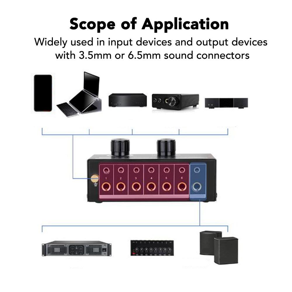 with Volume Control Knob 6 Way Sound Switcher Stereo Audio Switcher for Speaker Subwoofer