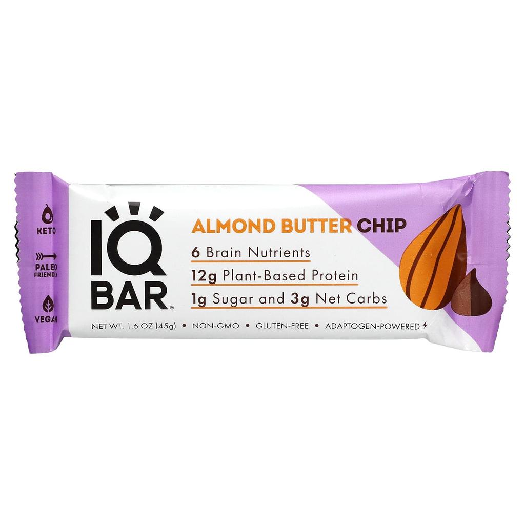 IQBAR Plant-based Protein Bar, Almond Butter Chips, 12 Bars, 45 G (1.6 Oz) Each