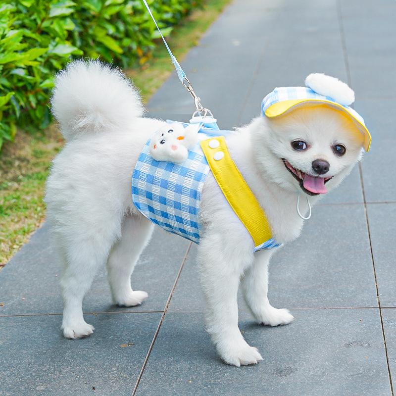 Cartoon Pet Harness Leash Sun Hat Set Cute Kitten Puppy Costume Cat Small Dogs Vest Harness Rope Cap Outdoor Supplies