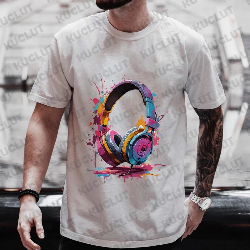 Мужская летняя футболка с графическим принтом и наушниками Hip Hop Fusion