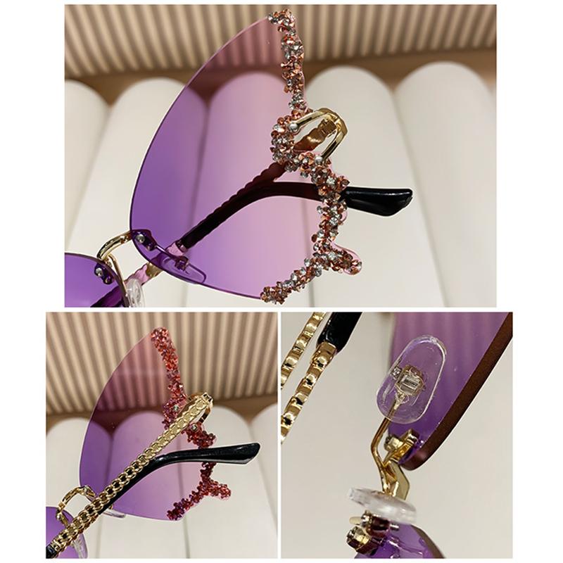 Butterfly sunglasses, UV400 protective frameless sunglasses, sparkling crystal decoration, suitable for parties, vacations, and street wear