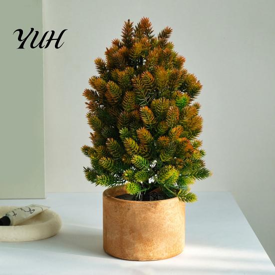 Compact Desktop Pine Tree Artificial Mini Potted Plant, Fake Greenery Bonsai Ornament, Lifelike for Home Decor Faux Houseplant Living Room Entryway