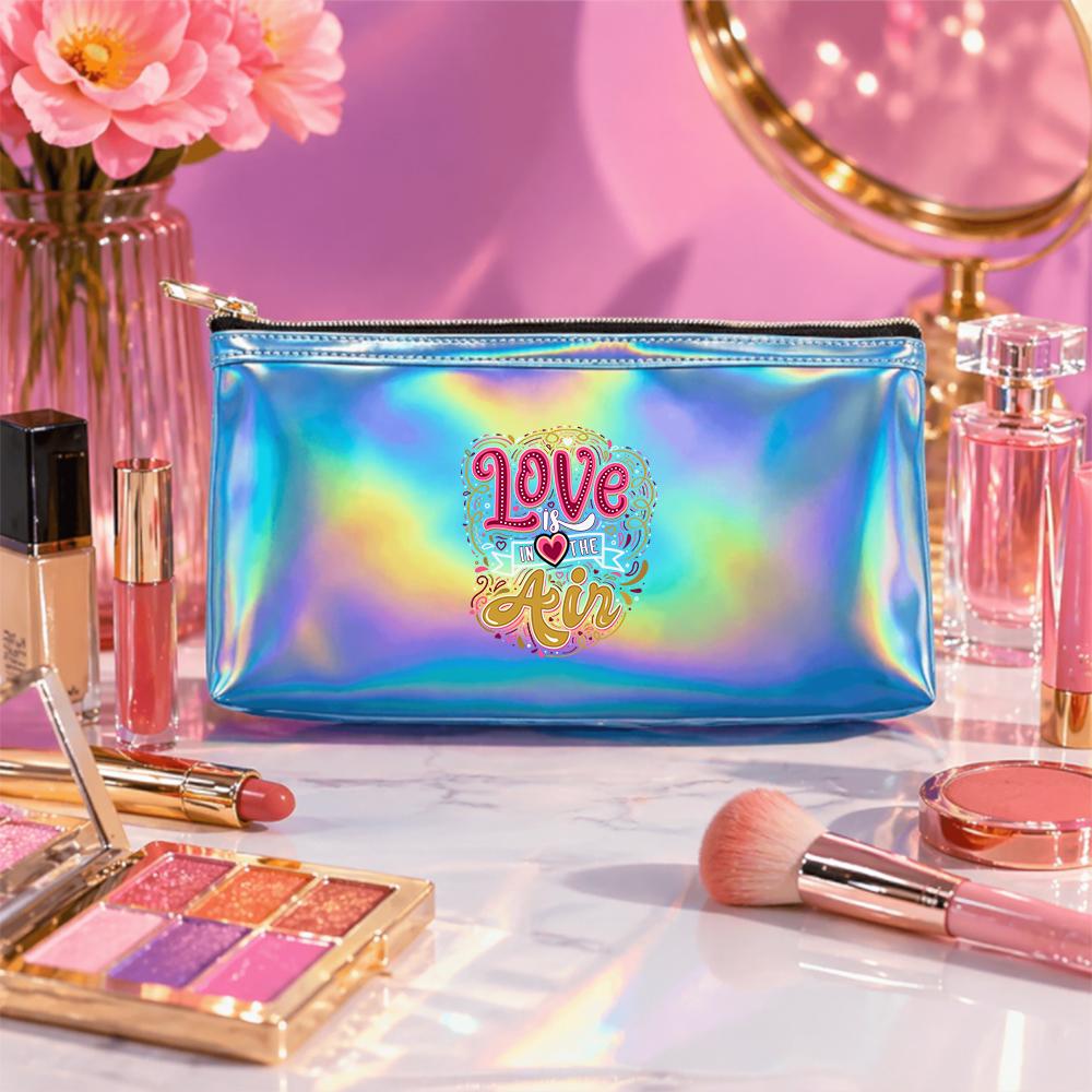 Romantic Lettering Heart Print Laser Cosmetic Makeup Bag,Holographic Toiletry Organizer Pouch for Travel Vacation Daily Use