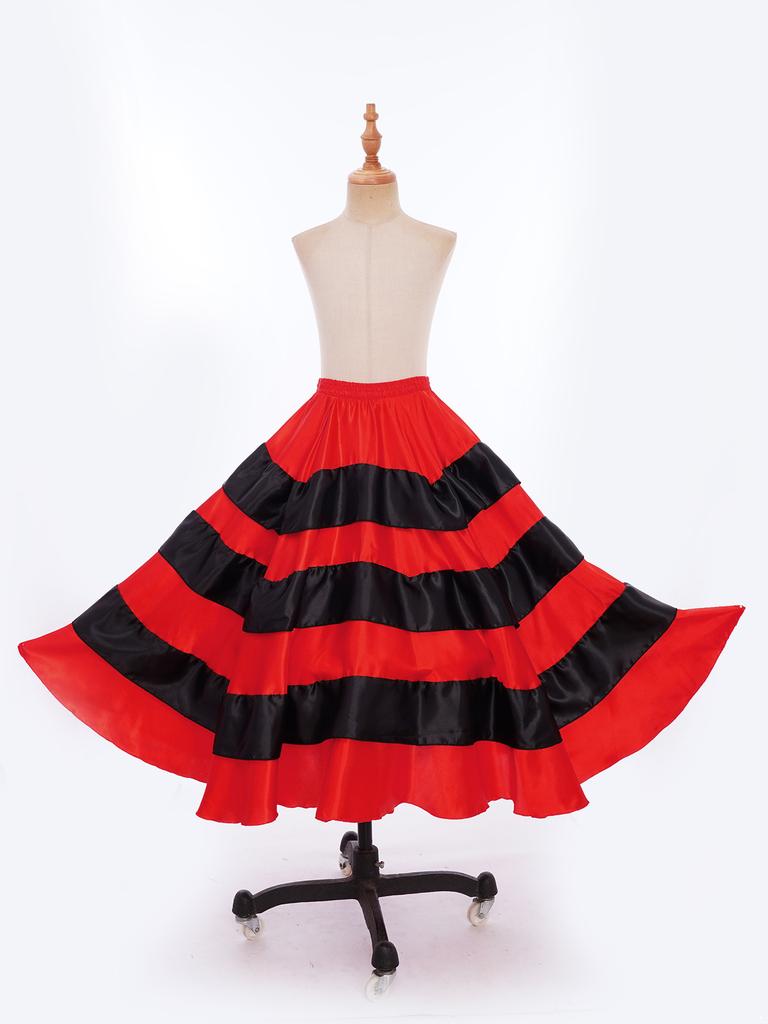 Kids Girls Spanish Dance Performance Skirt: Red Black Contrast Color Tiered Ruffles Wide Hemline Satin for Flamenco Ballroom Costume