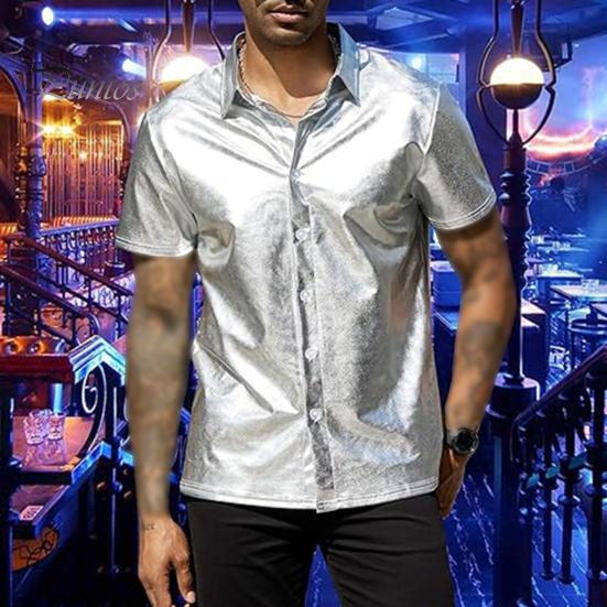 Мужская летняя рубашка с глянцевой поверхностью, отложным воротником, однобортный кардиган, свободная рубашка для вечеринок, повседневная одежда средней длины, топ