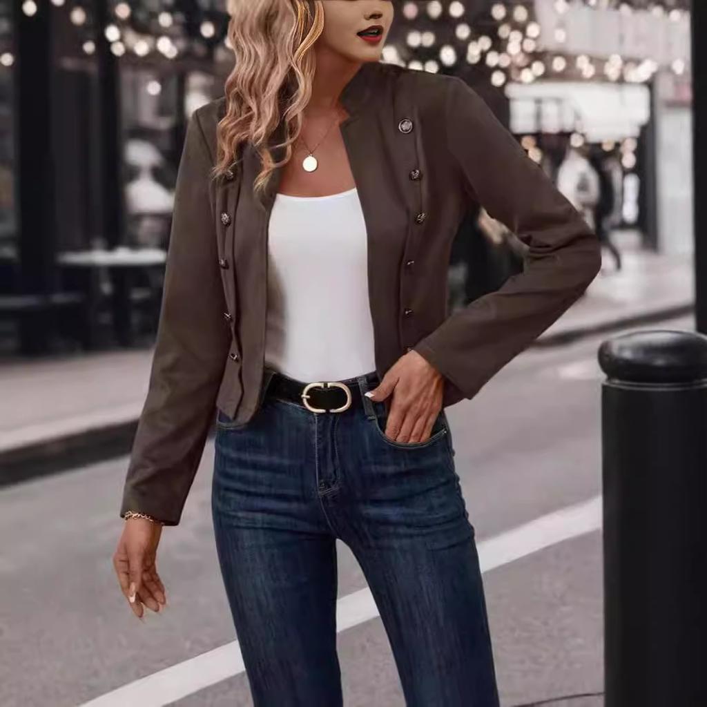 Осенняя женская однотонная двубортная декоративная куртка из оленьей кожи с длинными рукавами в винтажном стиле